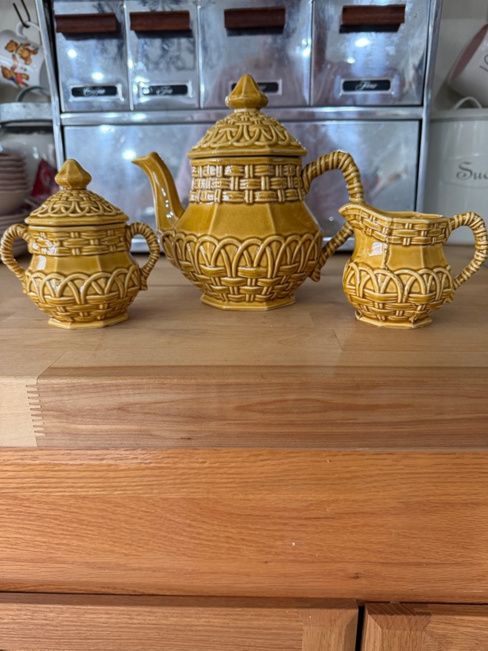 Vintage Yellow Basket Weave Tea Set